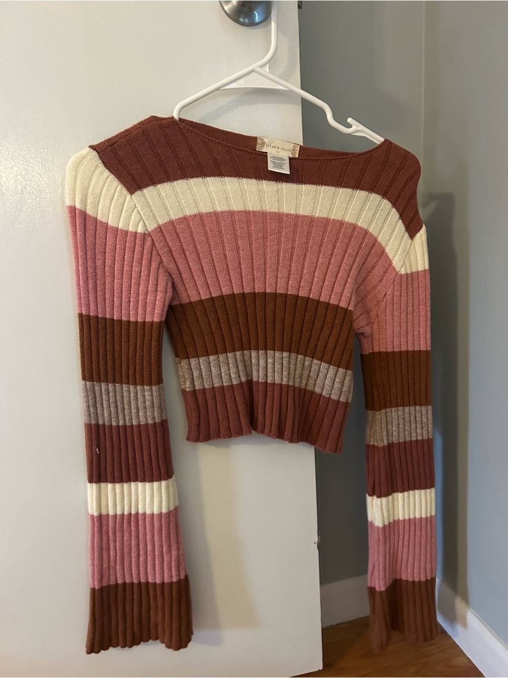Altar'd State Striped Ribbed Cropped Sweater in Pink, Brown, Cream, and Gray